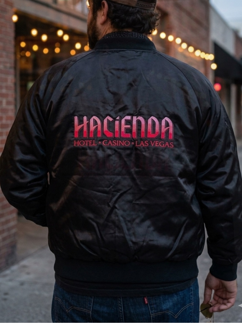 Vintage Satin bomber jacket
 former Hacienda Hotel & Casino 
Las Vegas
XL